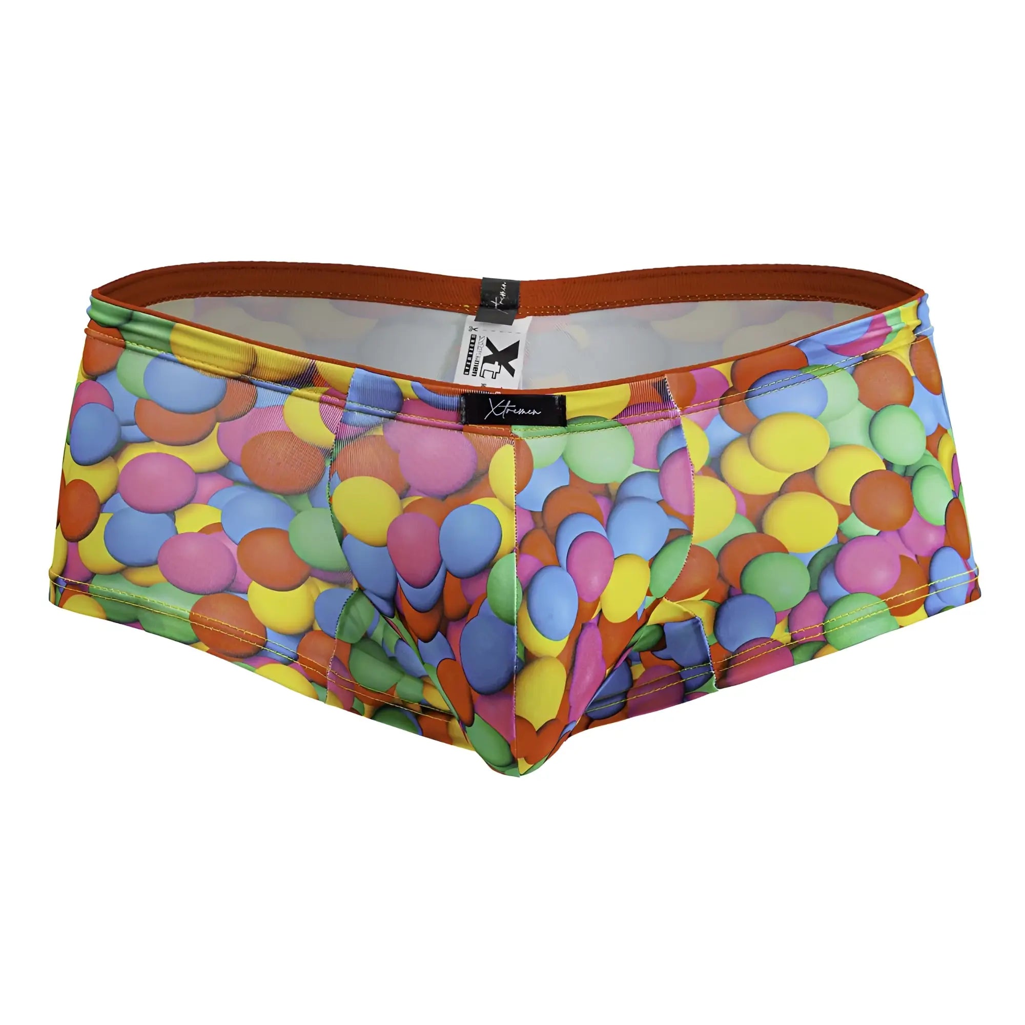 Xtremen 91249 printed trunks color bubbles colorful candy-themed men’s briefs with multicolored gumdrop pattern and orange waistband