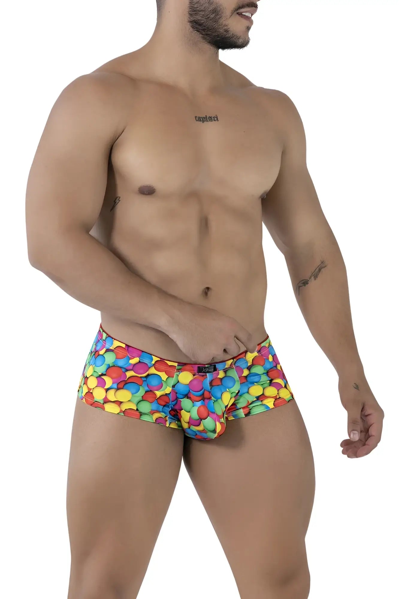 Xtremen 91249 printed trunks in vibrant rainbow colors with a playful multicolored dot pattern candy-themed briefs