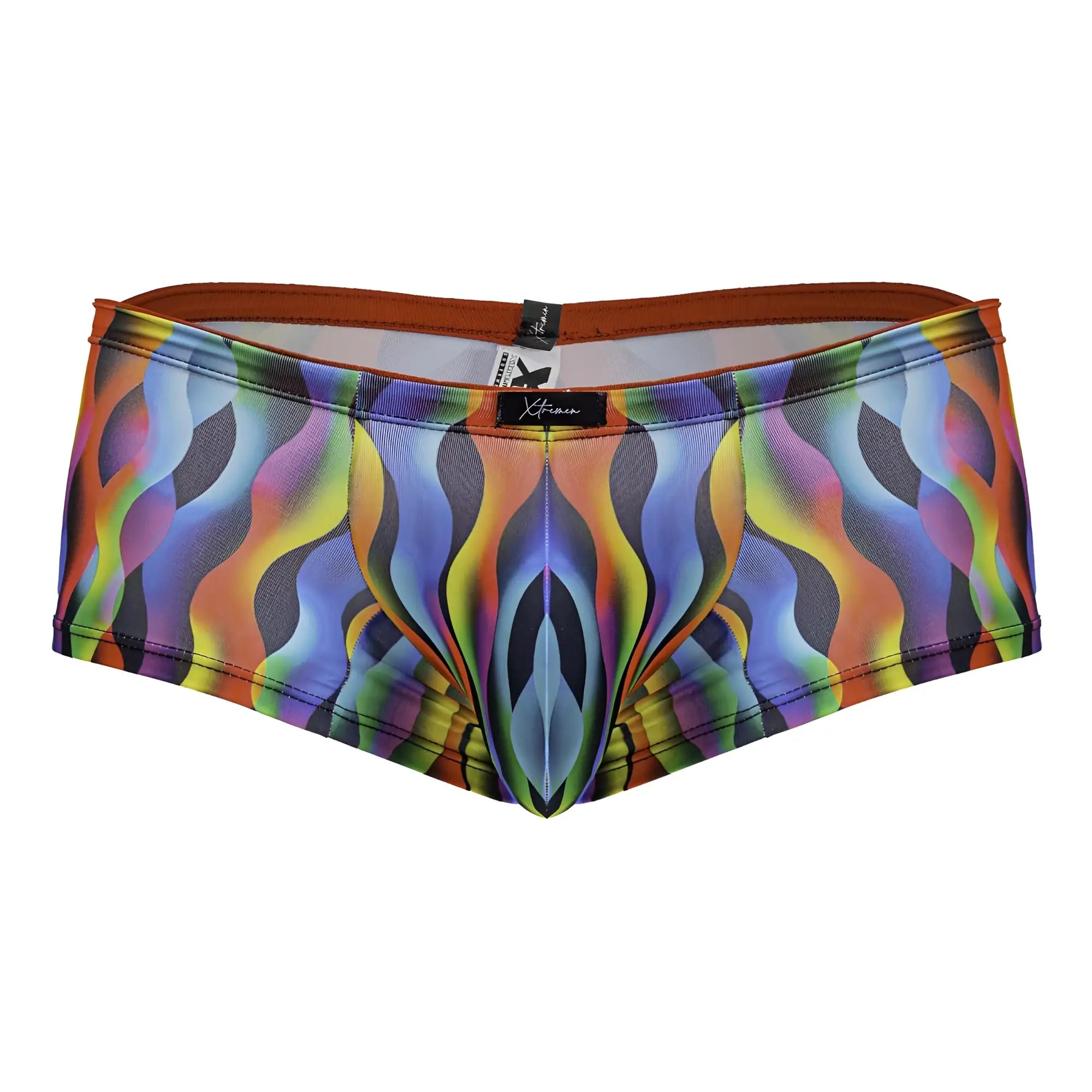 Xtremen 91249 printed trunks vibrant rainbow wave-patterned men’s briefs with brown elastic waistband