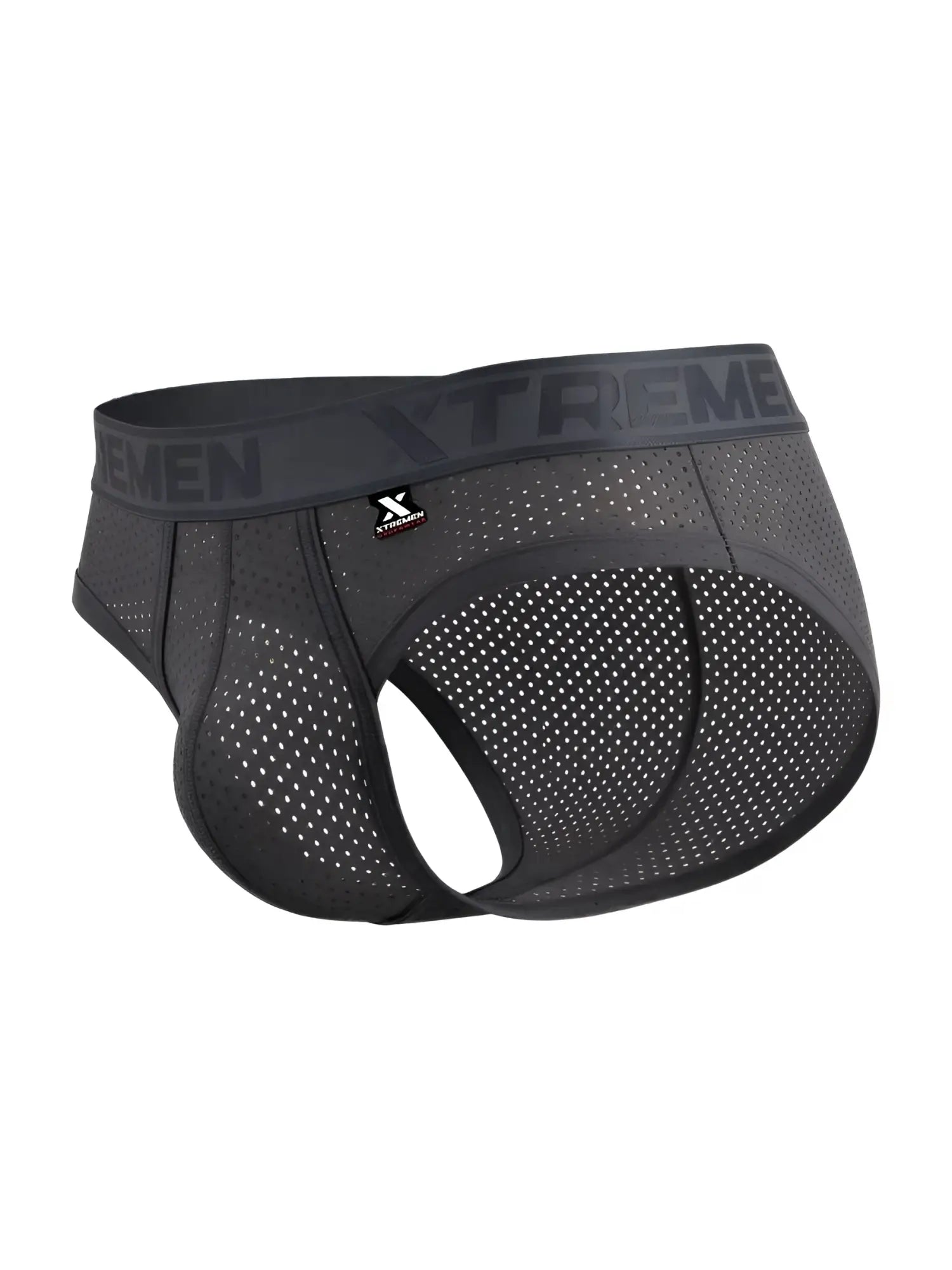 Black mesh microfiber athletic briefs in gray with xtreme branding on the waistband for active wear