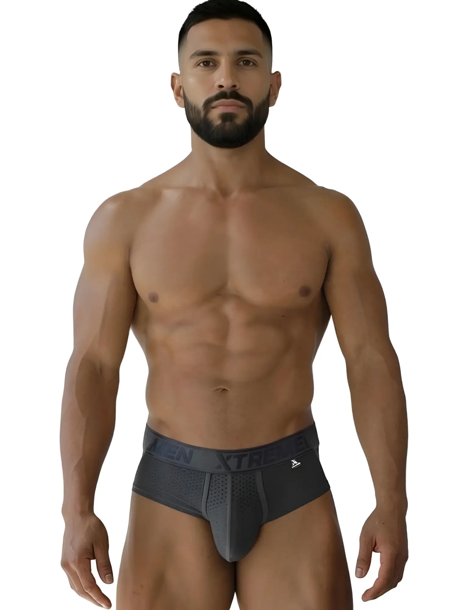 Dark gray xtremen 91250 microfiber mesh athletic briefs with perforated front panel and branded waistband