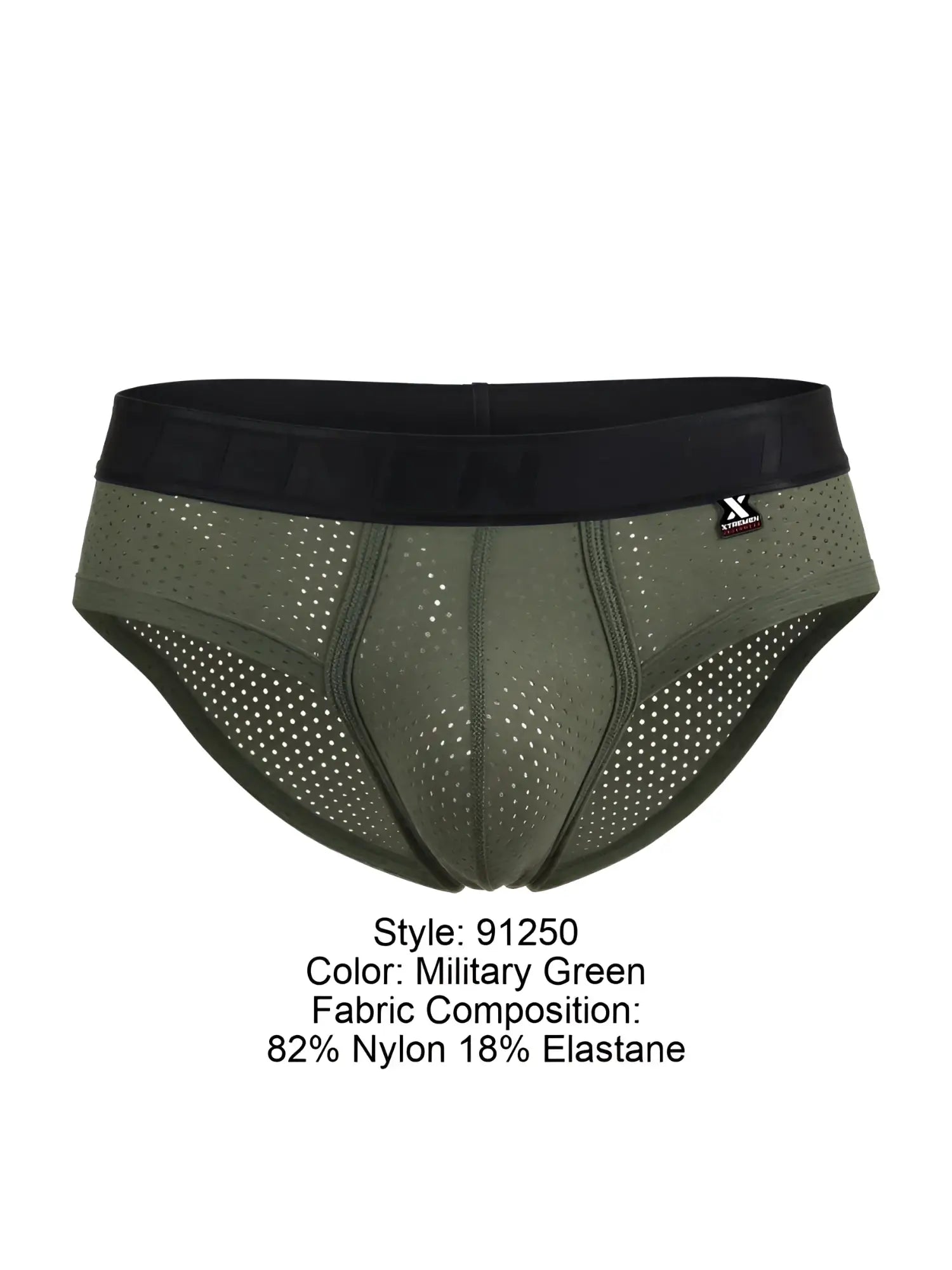 Military green xtremen 91250 microfiber mesh briefs with black elastic waistband and perforated fabric for breathability