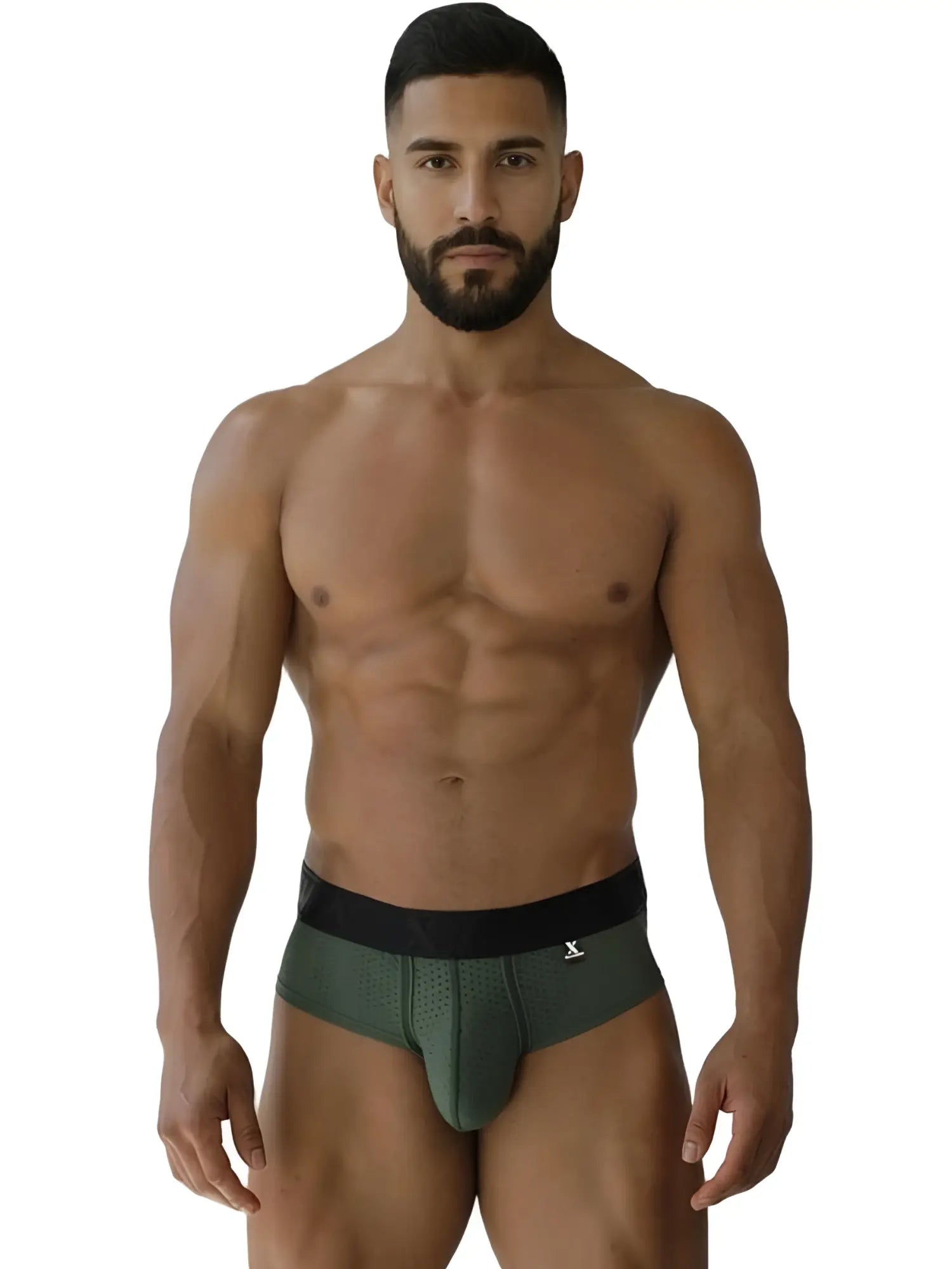 Xtremen 91250 microfiber mesh briefs in military green with dark green fit and black waistband featuring textured pattern