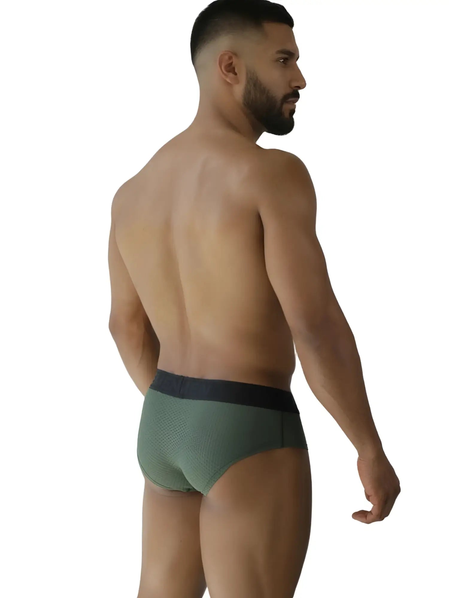 Men’s xtremen 91250 microfiber mesh briefs in military green with olive green fabric and contrasting black waistband