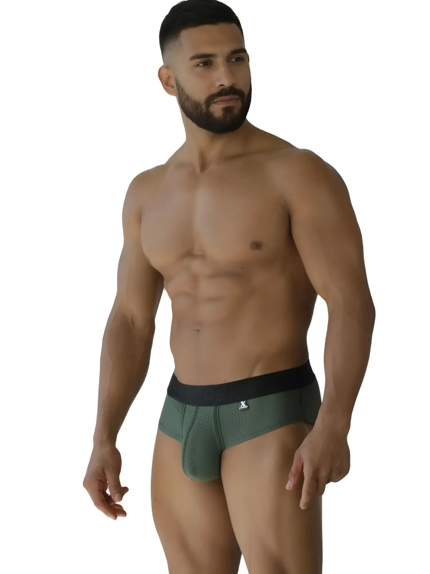 Men’s xtremen 91250 microfiber mesh briefs in olive green with a black waistband and small white logo