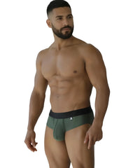 Men’s xtremen 91250 microfiber mesh briefs in olive green with a black waistband and small white logo