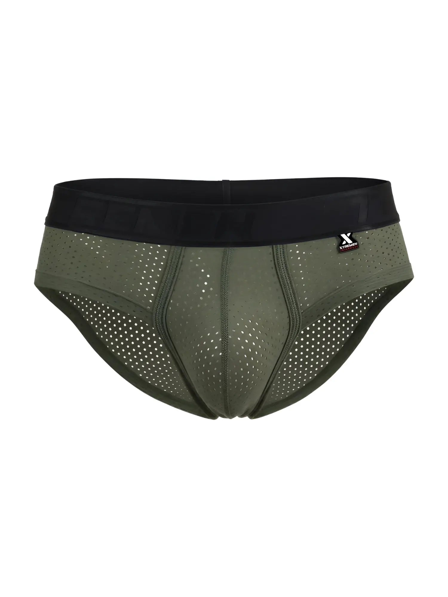 Xtremen 91250 microfiber mesh briefs in military green with olive green perforated fabric and black elastic waistband