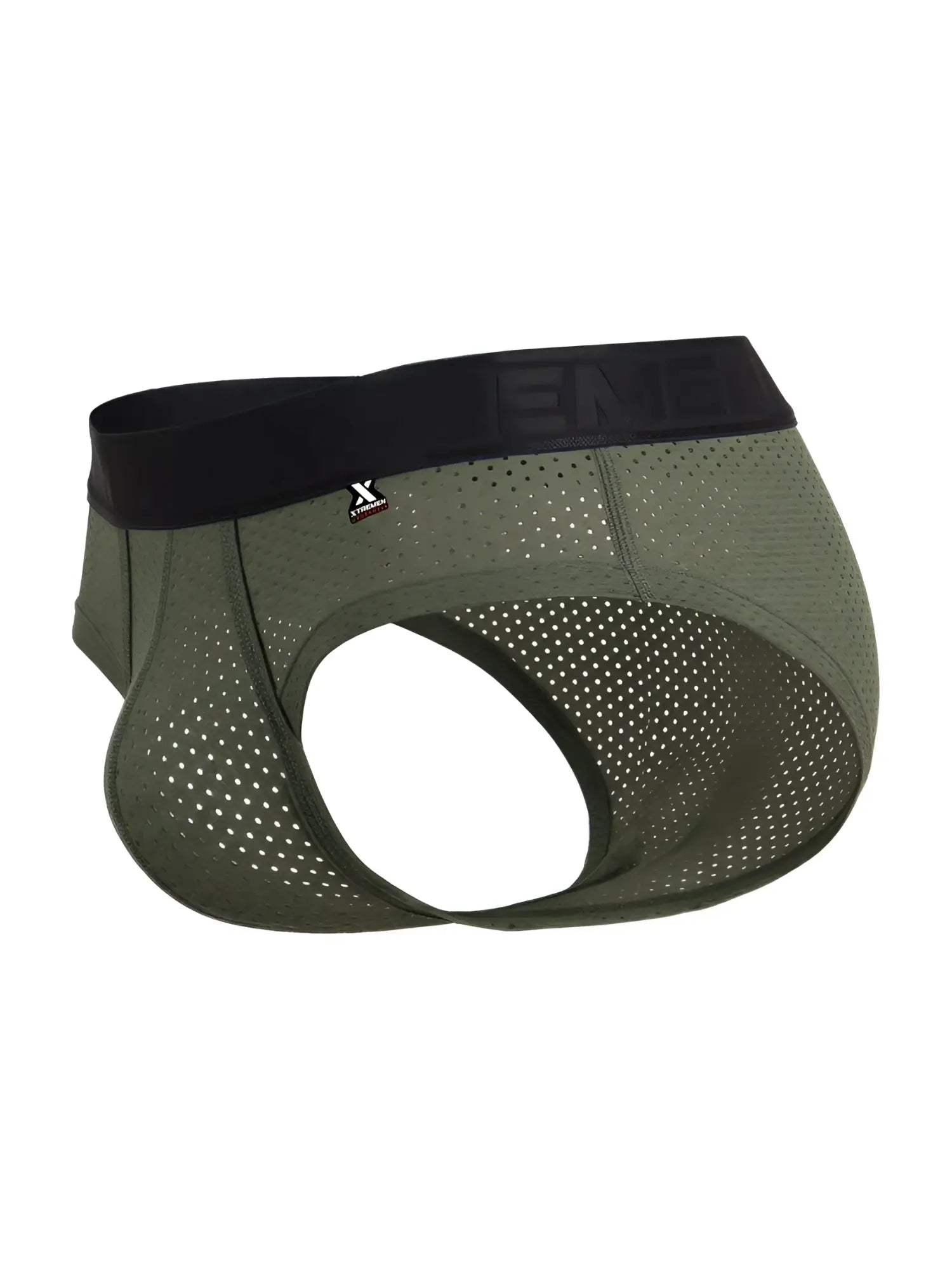 Olive green microfiber mesh briefs with perforated design and black elastic waistband featuring xtreme logo