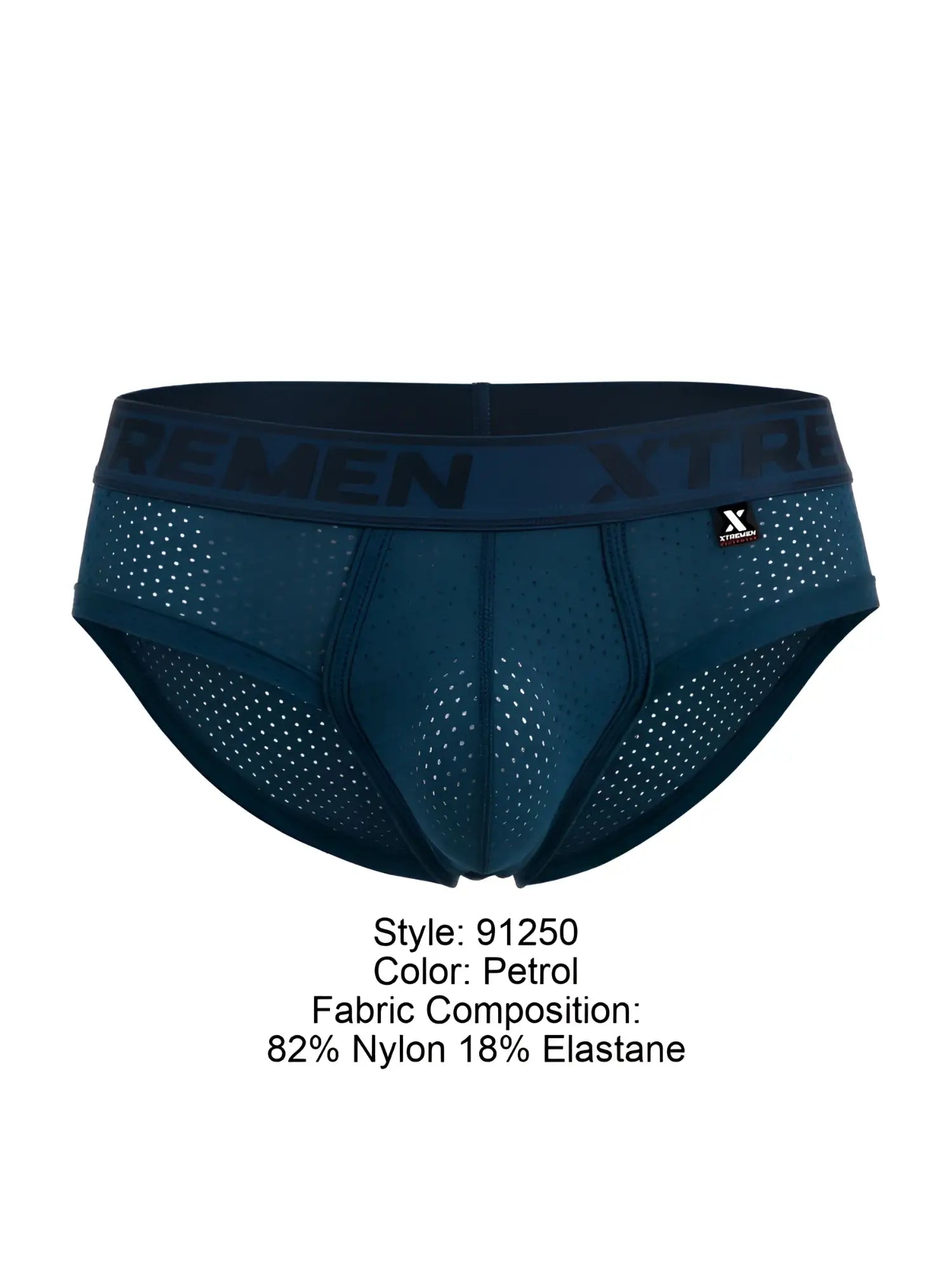 Petrol-colored xtremen 91250 microfiber mesh briefs with perforated design and elastic branded waistband