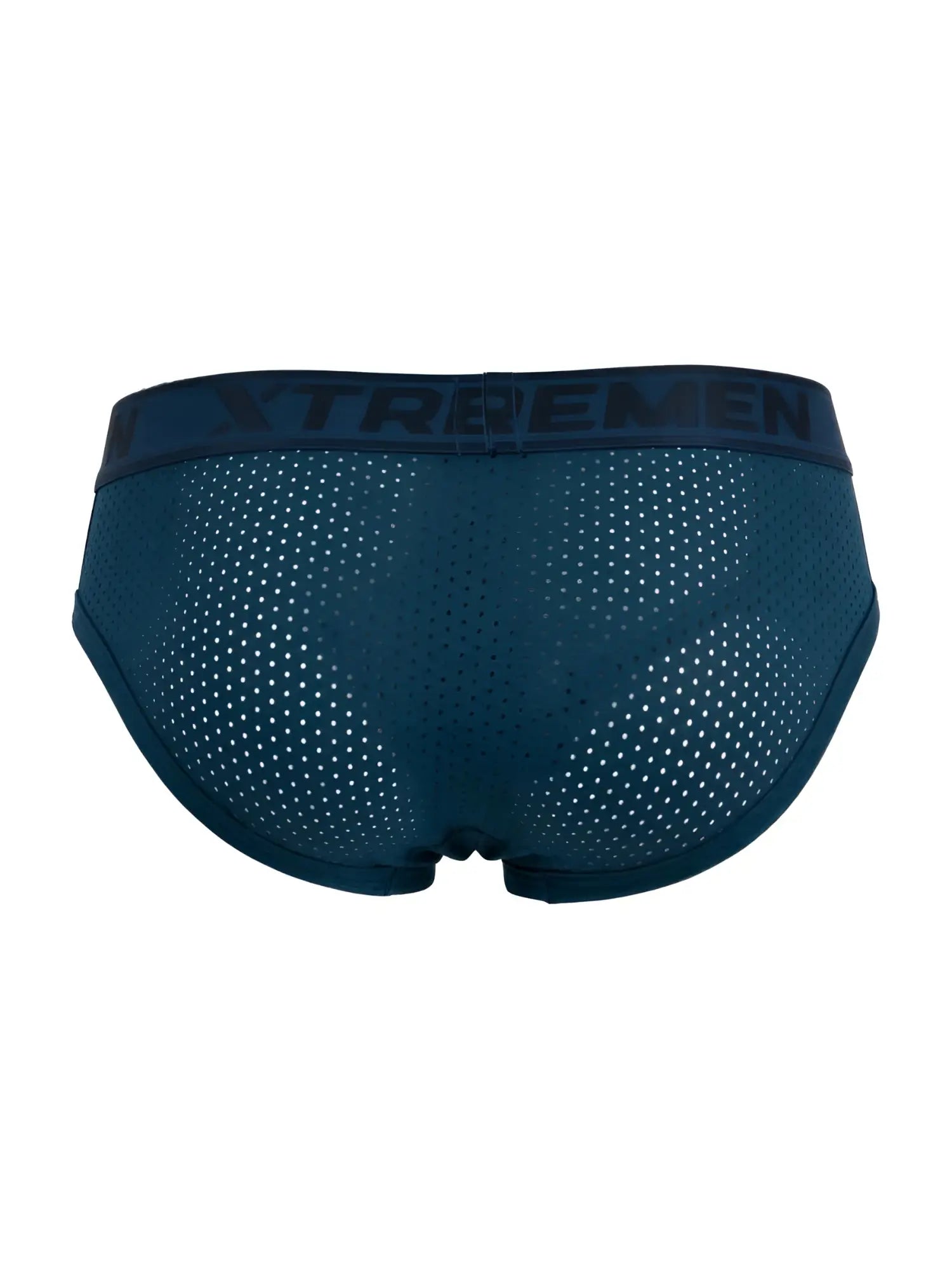 Dark teal microfiber mesh briefs with matching elastic waistband featuring the xtrememen logo in petrol color