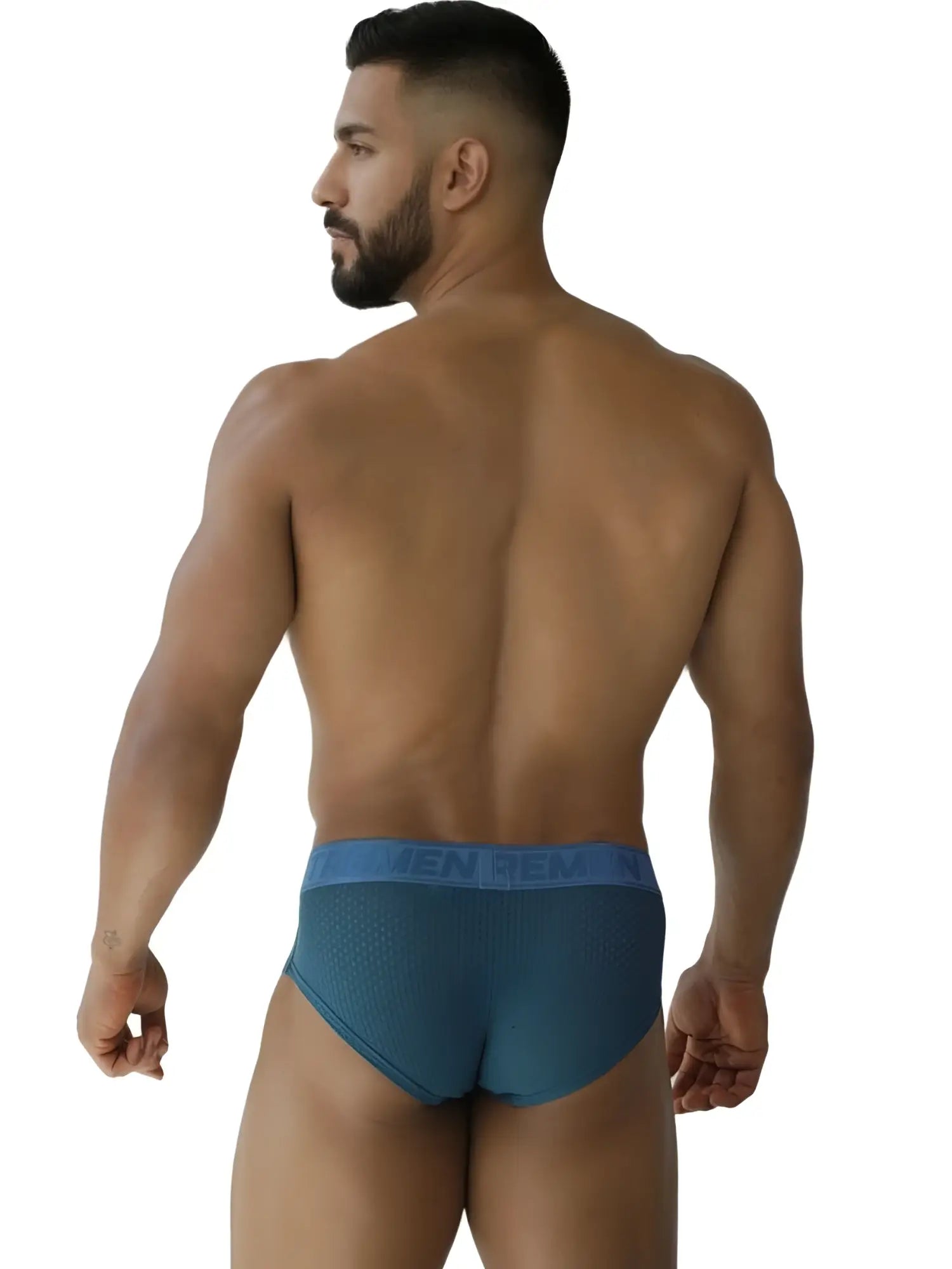 Teal xtremen 91250 microfiber mesh men’s briefs with matching elastic waistband featuring light blue men lettering
