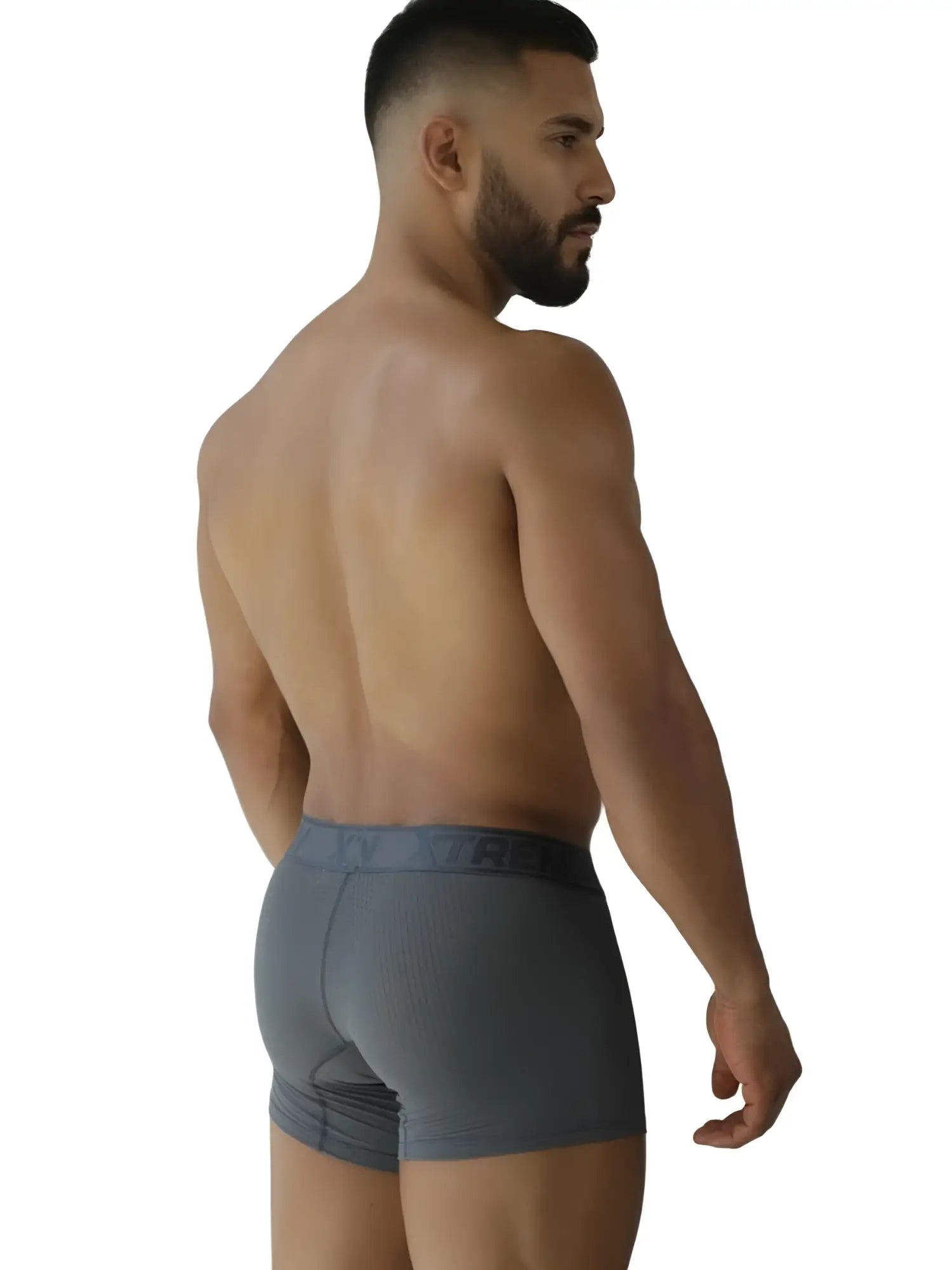 Gray xtremen 91251 microfiber mesh boxer briefs for men with subtle logo on waistband in front view