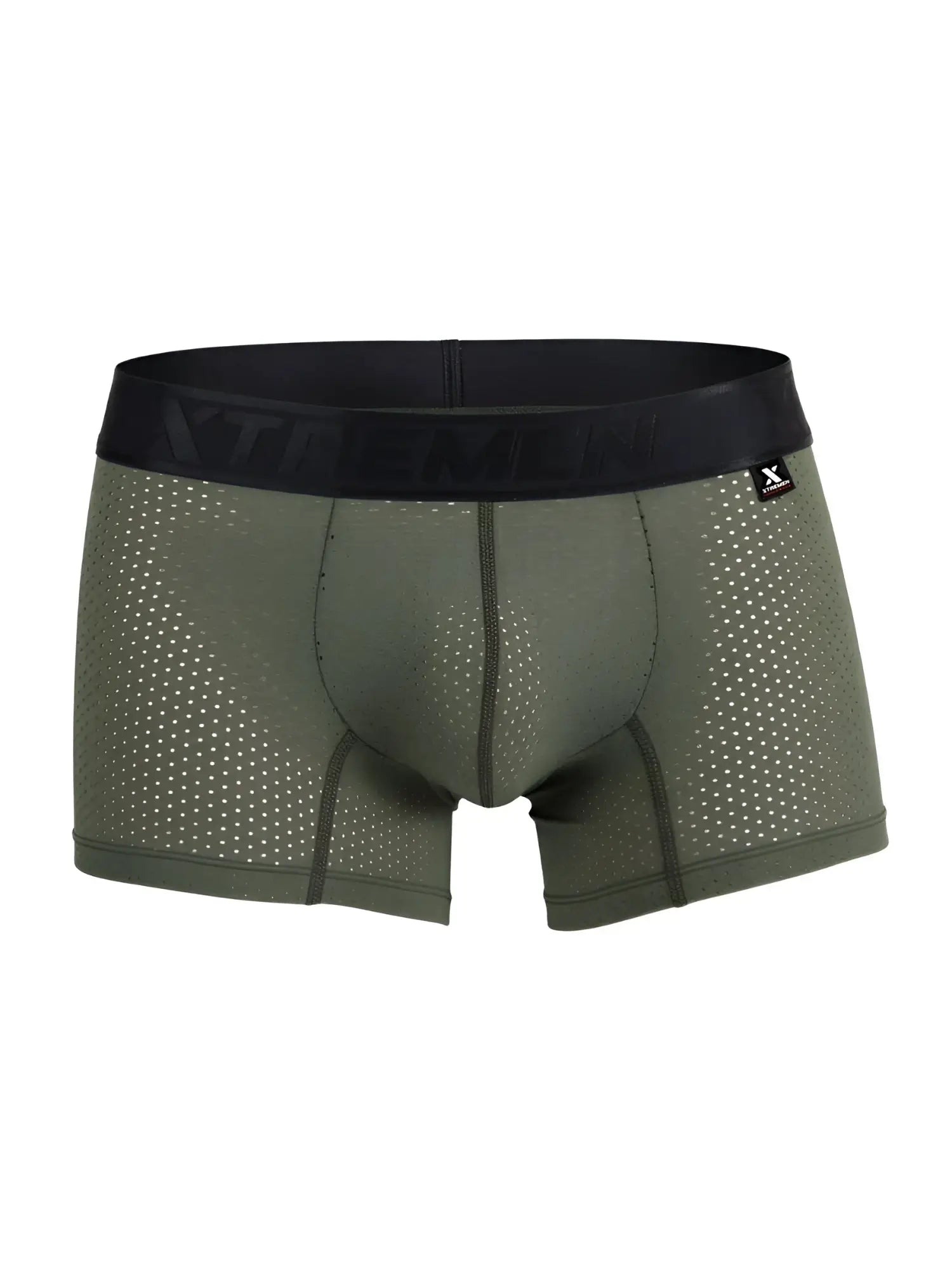 Olive green xtremen microfiber mesh boxer briefs with black elastic waistband featuring xtreme logo