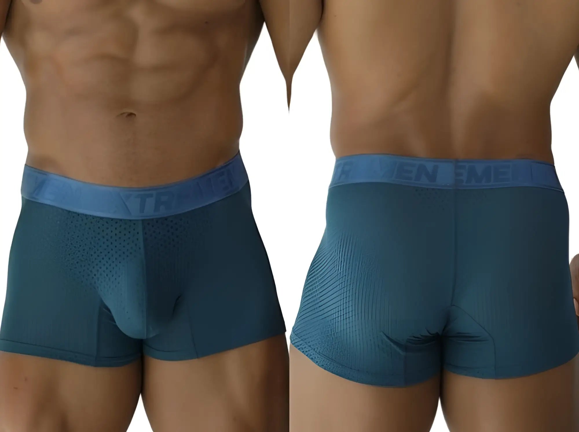 Teal xtremen 91251 microfiber mesh boxer briefs with blue waistband and men print in white in color petrol