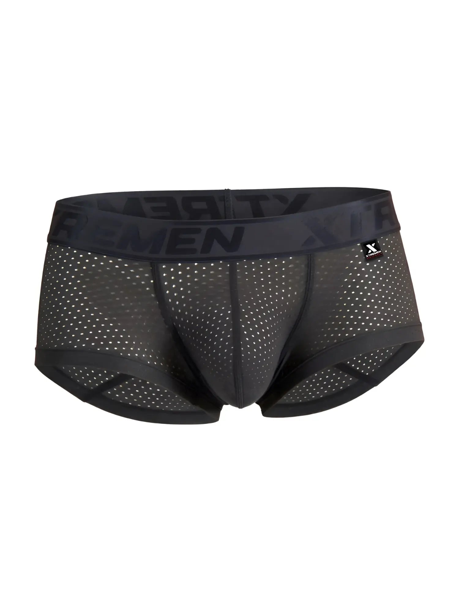 Xtremen 91252 microfiber mesh trunks in gray with black briefs, branded waistband, and subtle white perforations
