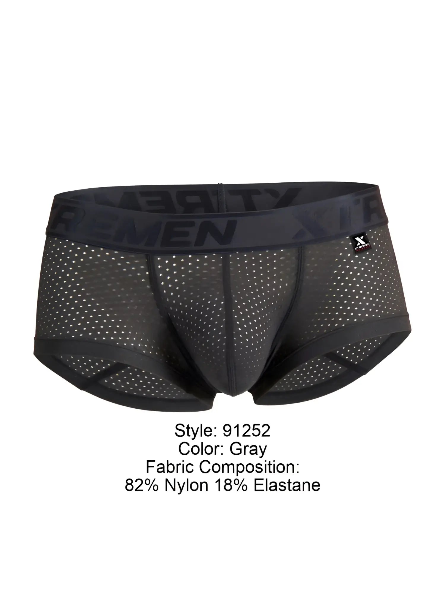 Gray xtremen 91252 microfiber mesh trunks with black elastic waistband featuring x-rememen logo and x-shaped brand tag
