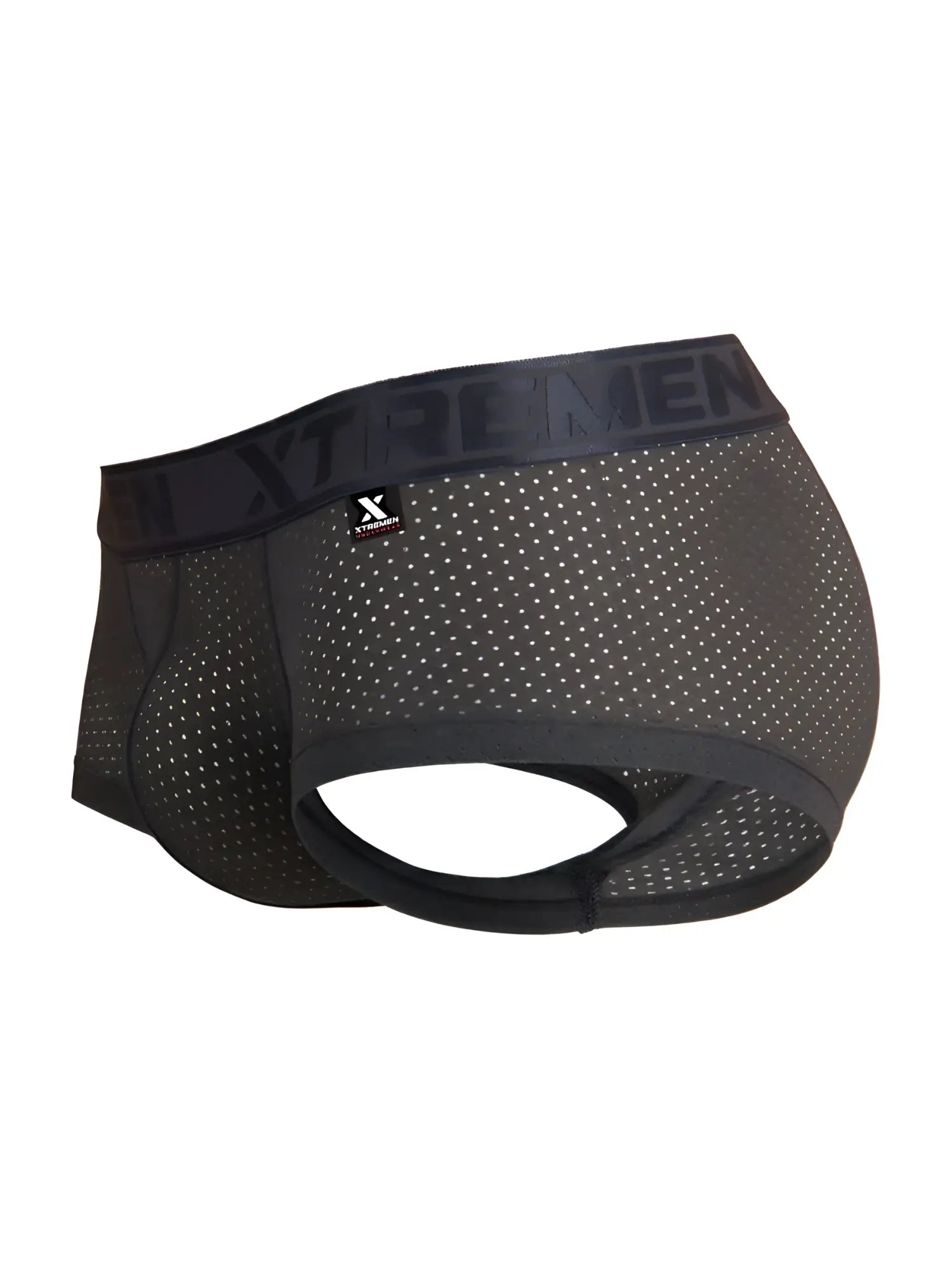 Black mesh microfiber trunks for men in gray with xtrememen branded waistband front view