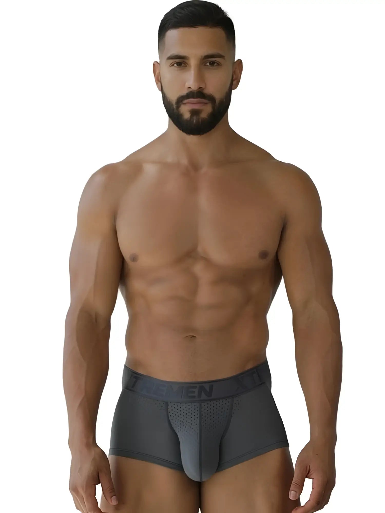 Dark gray Xtremen 91252 microfiber mesh trunks with perforated front panel and elastic waistband with ten logo