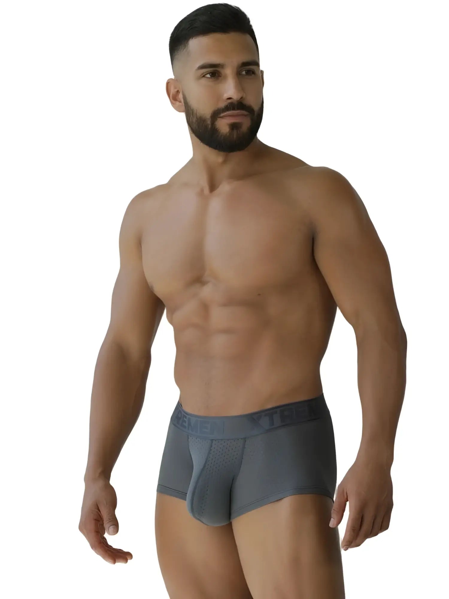 Gray xtremen 91252 microfiber mesh trunks with textured waistband and subtle branding on gray men’s briefs