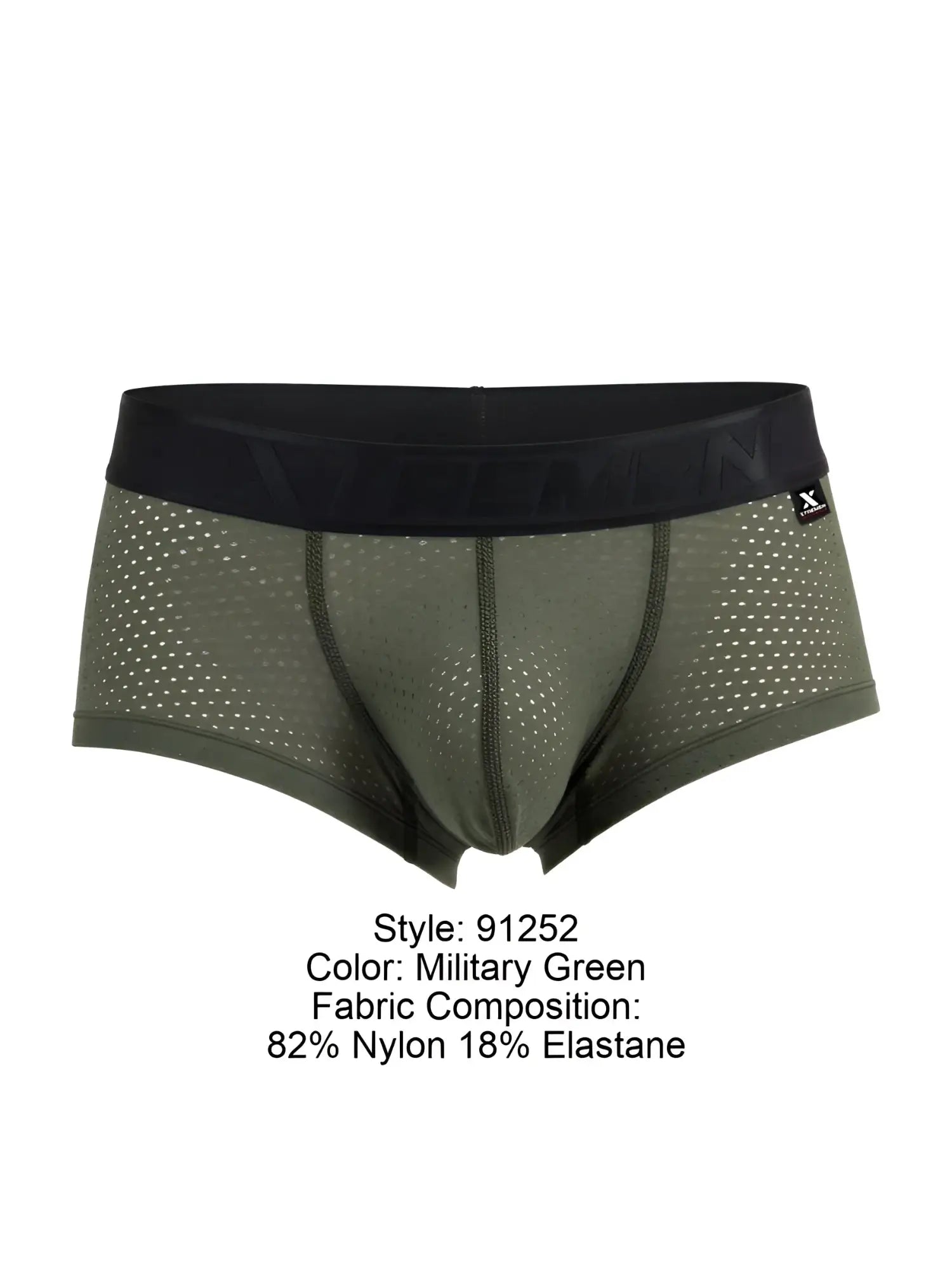 Military green xtremen microfiber mesh trunks with black elastic waistband and breathable mesh fabric