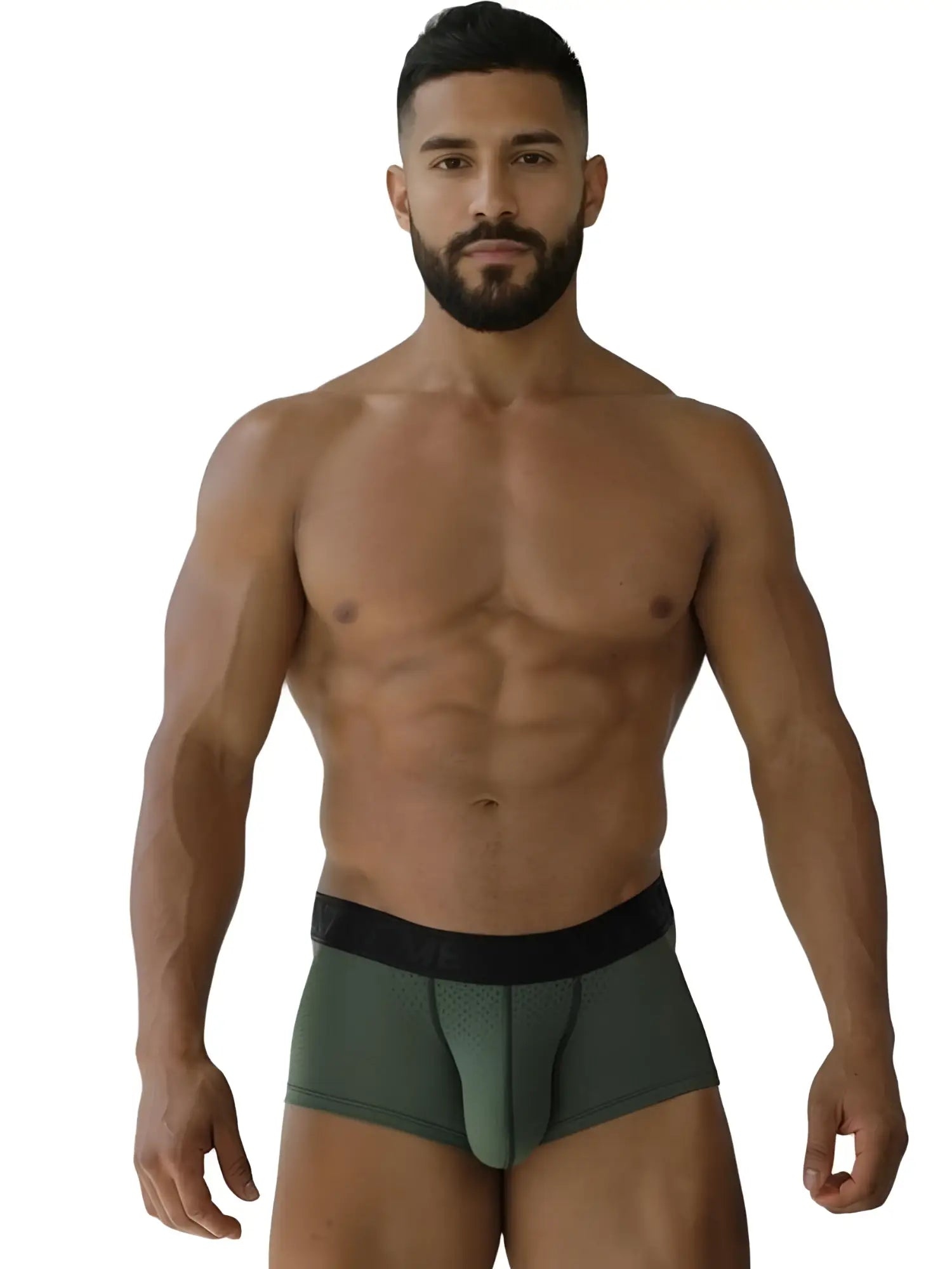 Men’s Xtremen 91252 microfiber mesh trunks in military green olive with black elastic waistband front view