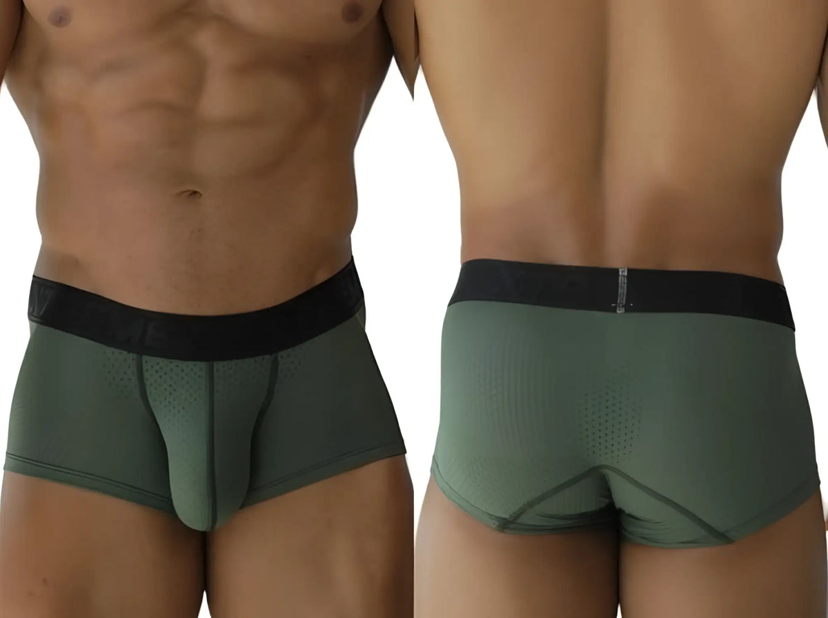 Olive green xtremen 91252 microfiber mesh trunks with black elastic waistband and perforated detailing front view