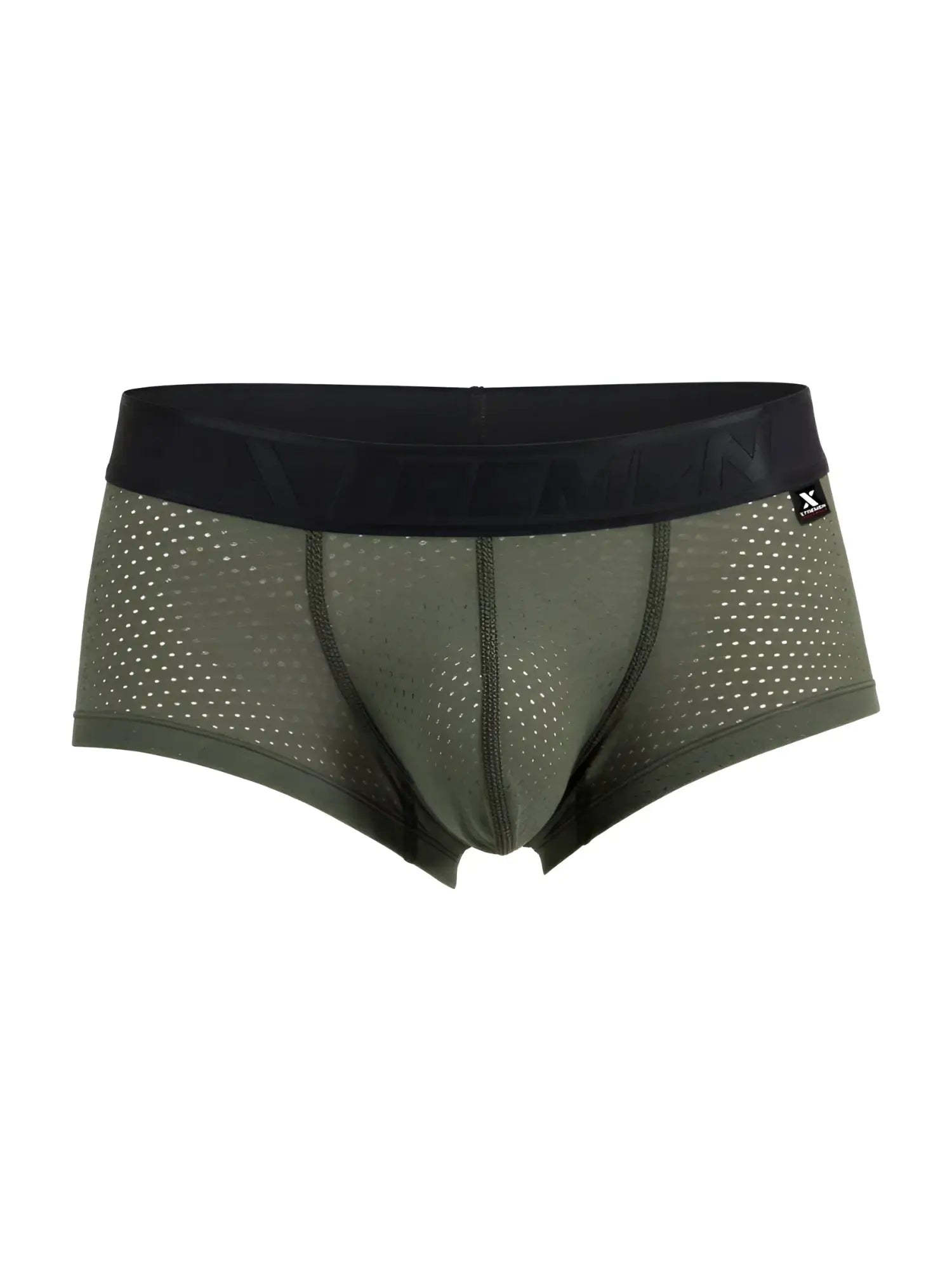 Olive green microfiber mesh briefs with black elastic waistband featuring xtremen logo in military green color