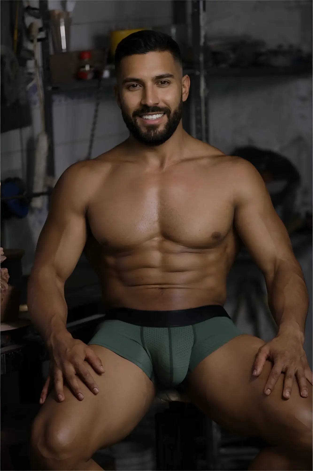 Xtremen 91252 microfiber mesh trunks in military green with olive green textured briefs and black waistband front view