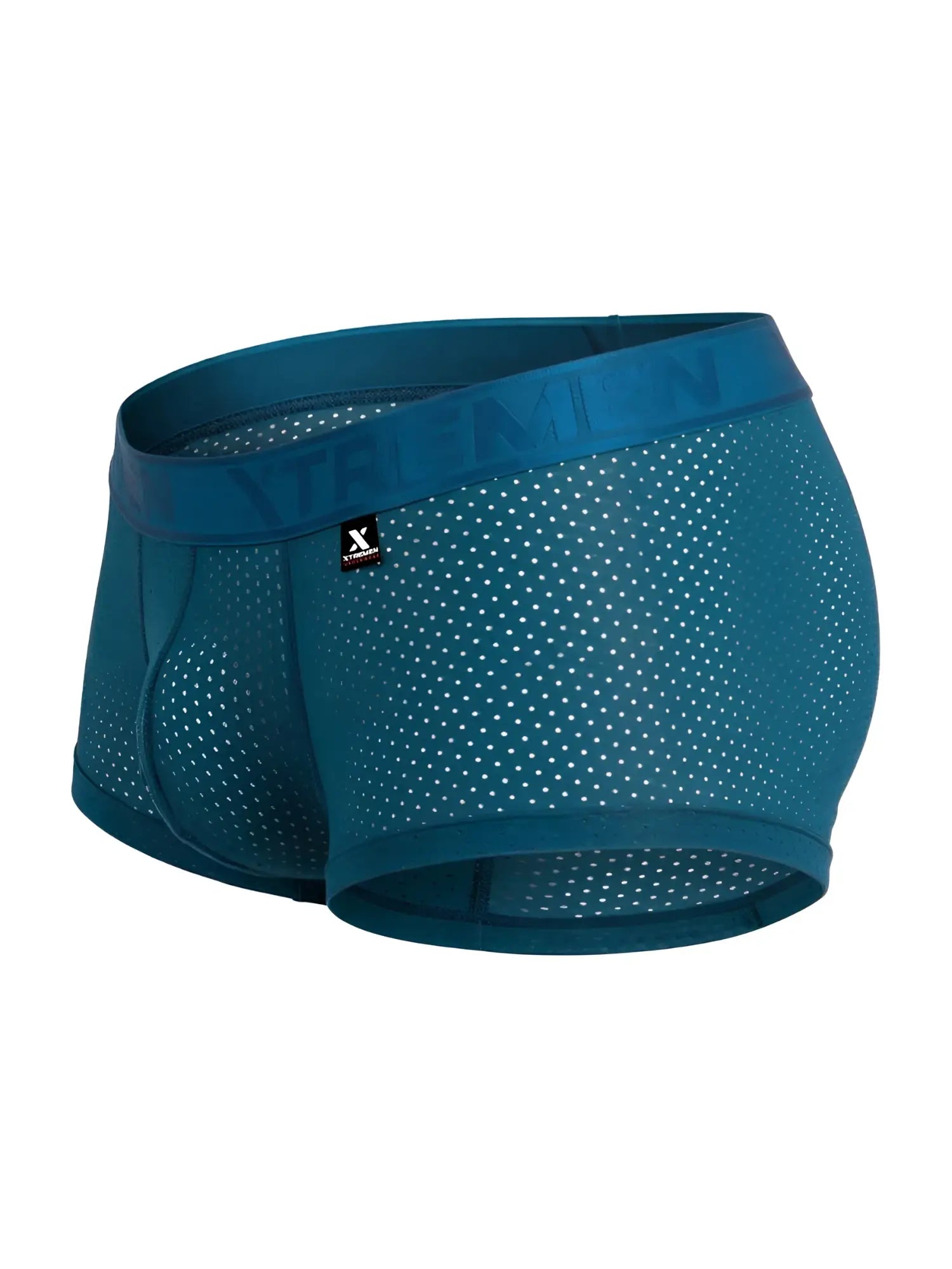 Teal blue mesh boxer briefs with solid waistband and xtremen logo made of microfiber for comfortable wear