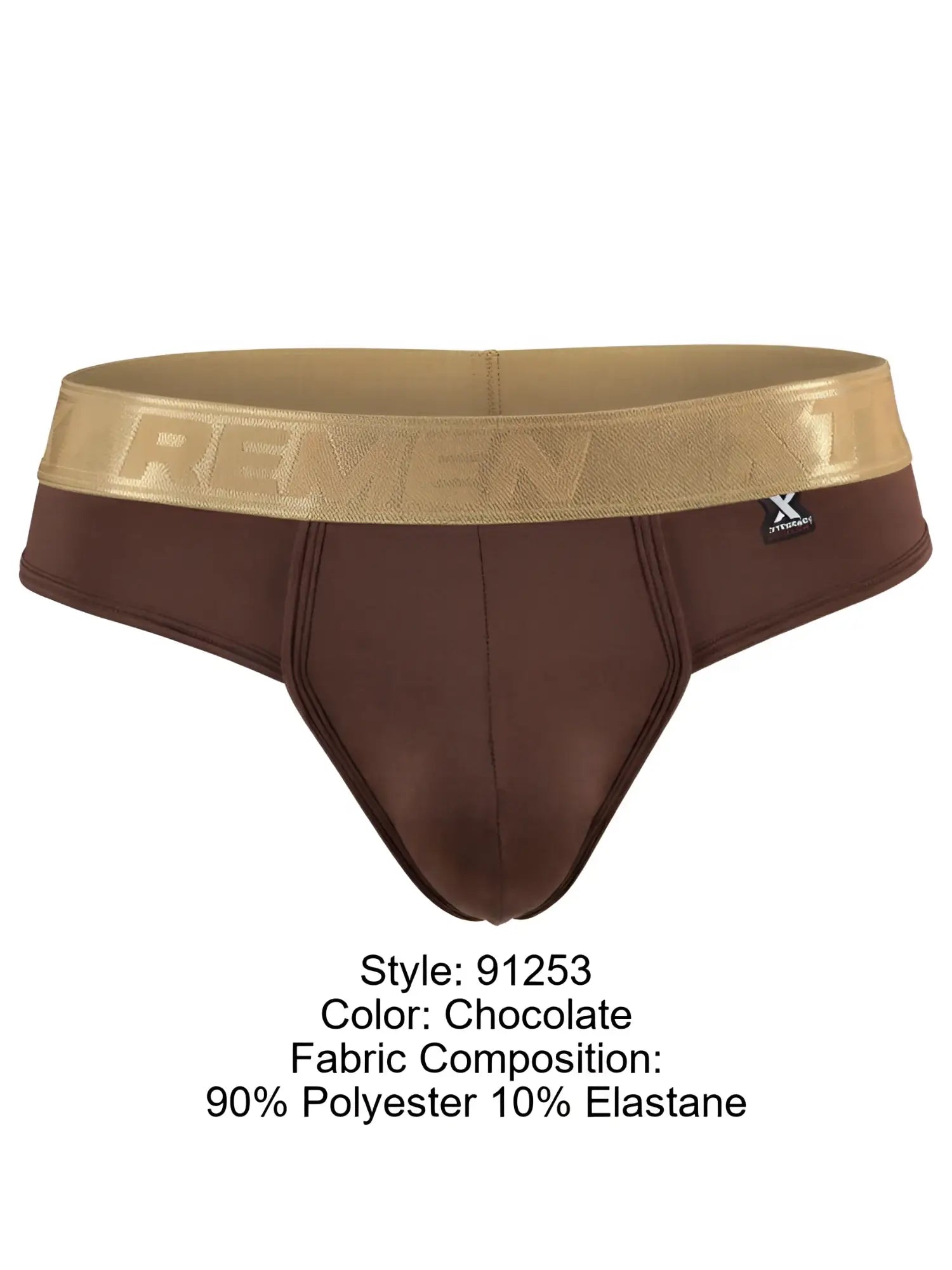 Xtremen chocolate microfiber bikini briefs with a gold branded elastic waistband and side logo tab.