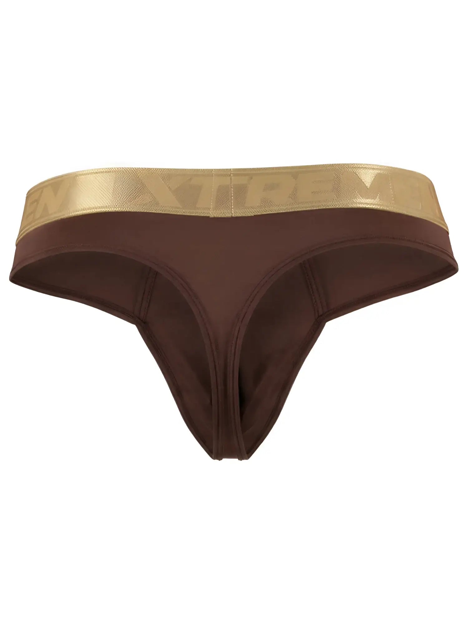 Xtremen brown microfiber thong with a metallic gold elastic waistband featuring the brand logo.