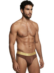 Brown microfiber bikini brief with a gold branded waistband and small side logo tab.
