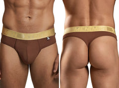 Brown microfiber thong with a gold logo waistband and small Xtremen brand tag on the front hip.