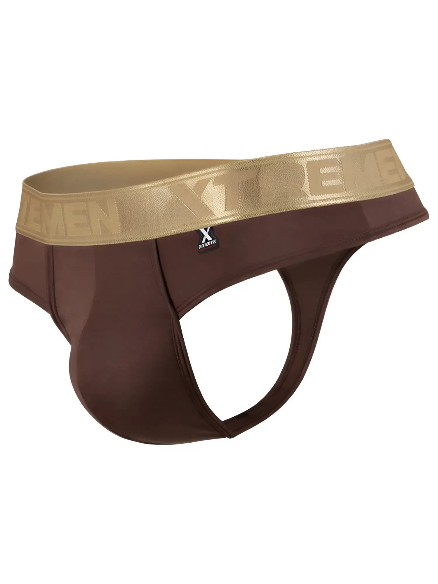 Brown microfiber jockstrap with gold elastic waistband featuring Xtremen logo and small branded patch on front.