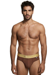 Brown microfiber bikini brief featuring a gold Xtremen branded waistband and a small side logo tag.