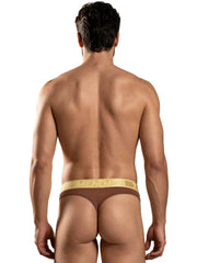 Brown microfiber thong with a gold Xtremen logo waistband.