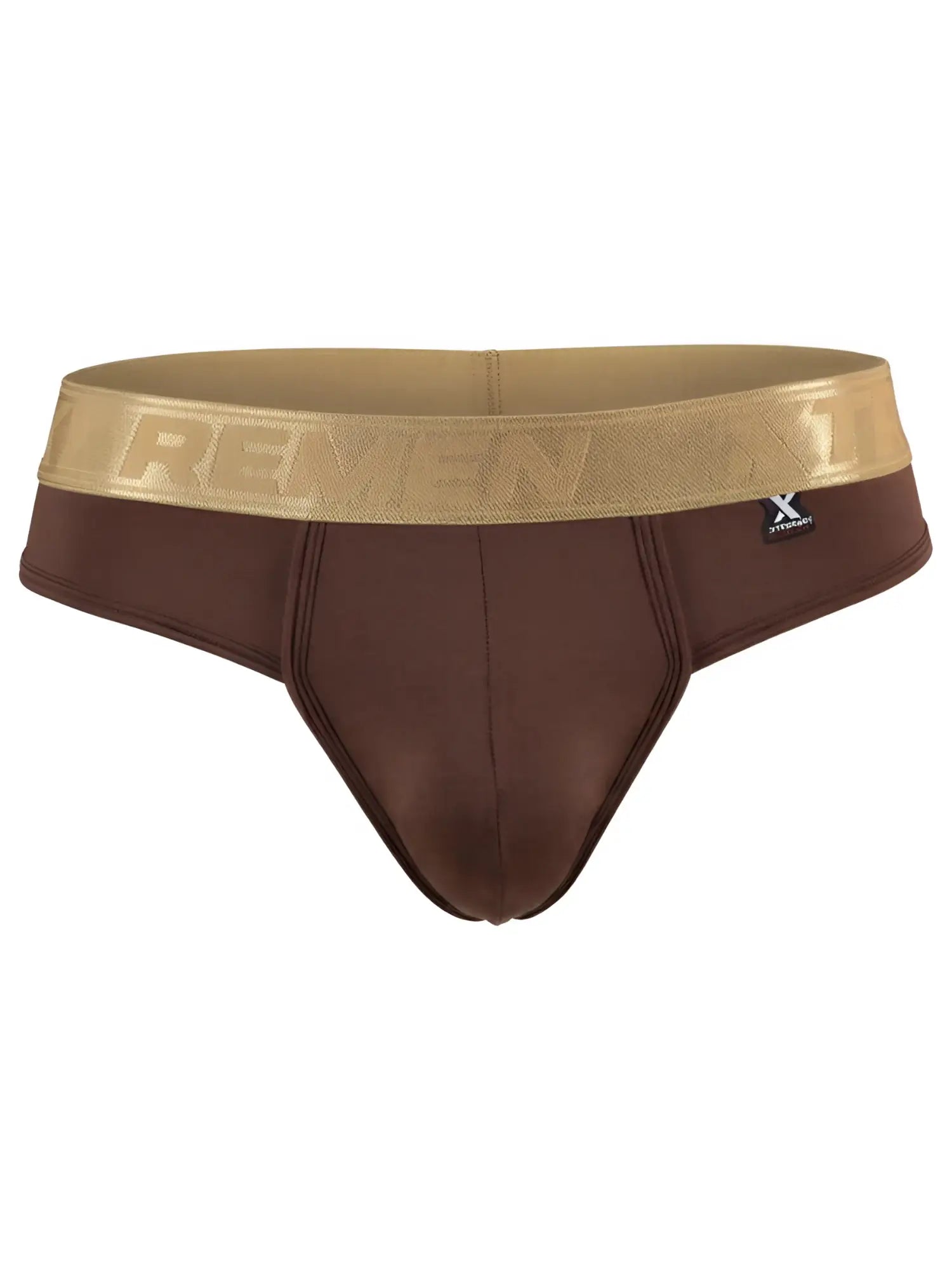 Brown microfiber bikini brief with a metallic gold Xtremen logo waistband and a small logo tag on the hip.