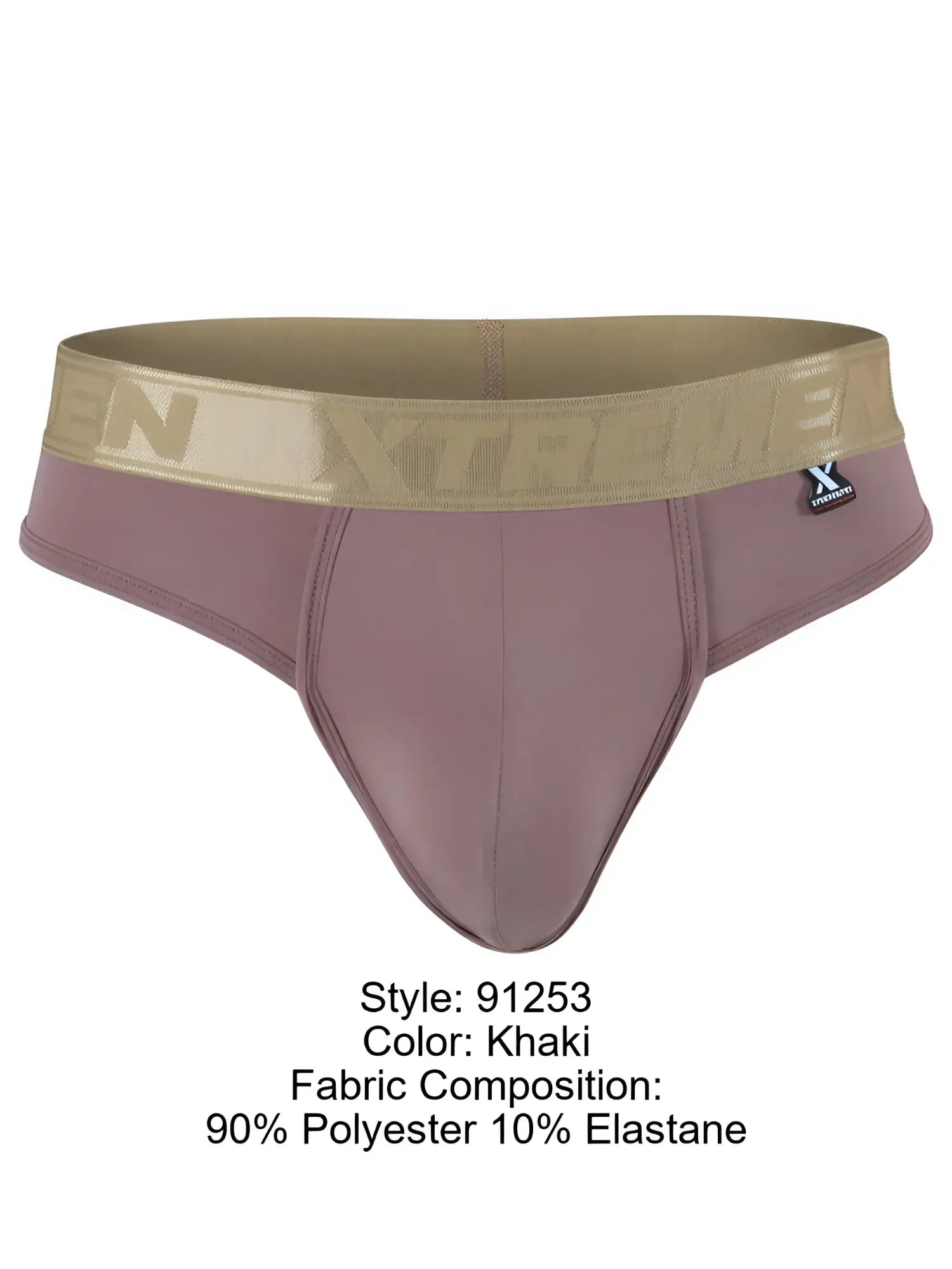 Khaki microfiber bikini brief with gold branded elastic waistband and small Xtremen logo tag on the front.