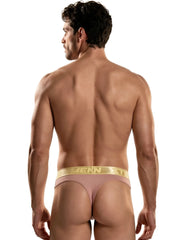 Dusty rose microfiber thong with a metallic gold Xtremen logo waistband.