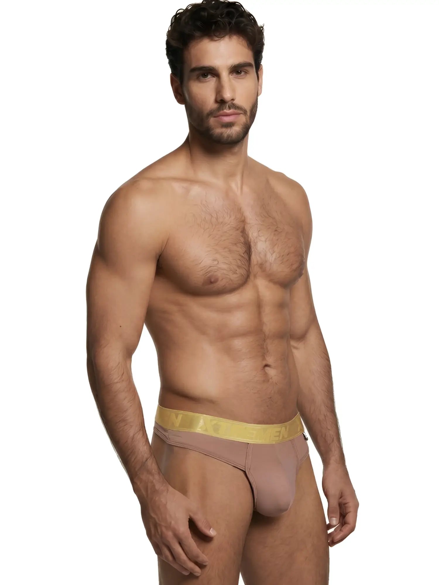 Mauve microfiber bikini underwear with a gold logo waistband by Xtremen.