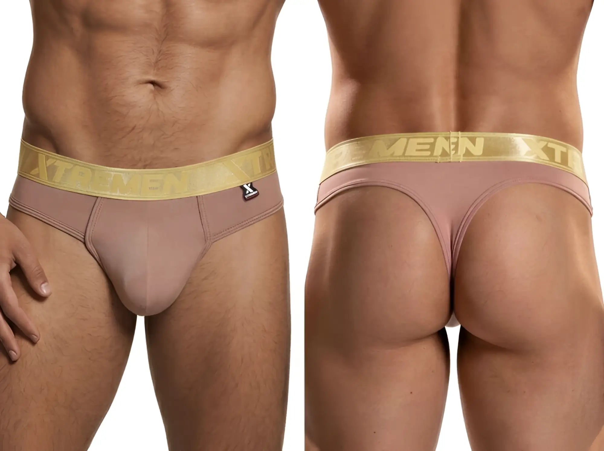 Dusty rose microfiber thong with a gold elastic waistband featuring the Xtremen logo and a small branded side tag.
