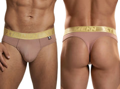 Dusty rose microfiber thong with a gold elastic waistband featuring the Xtremen logo and a small branded side tag.