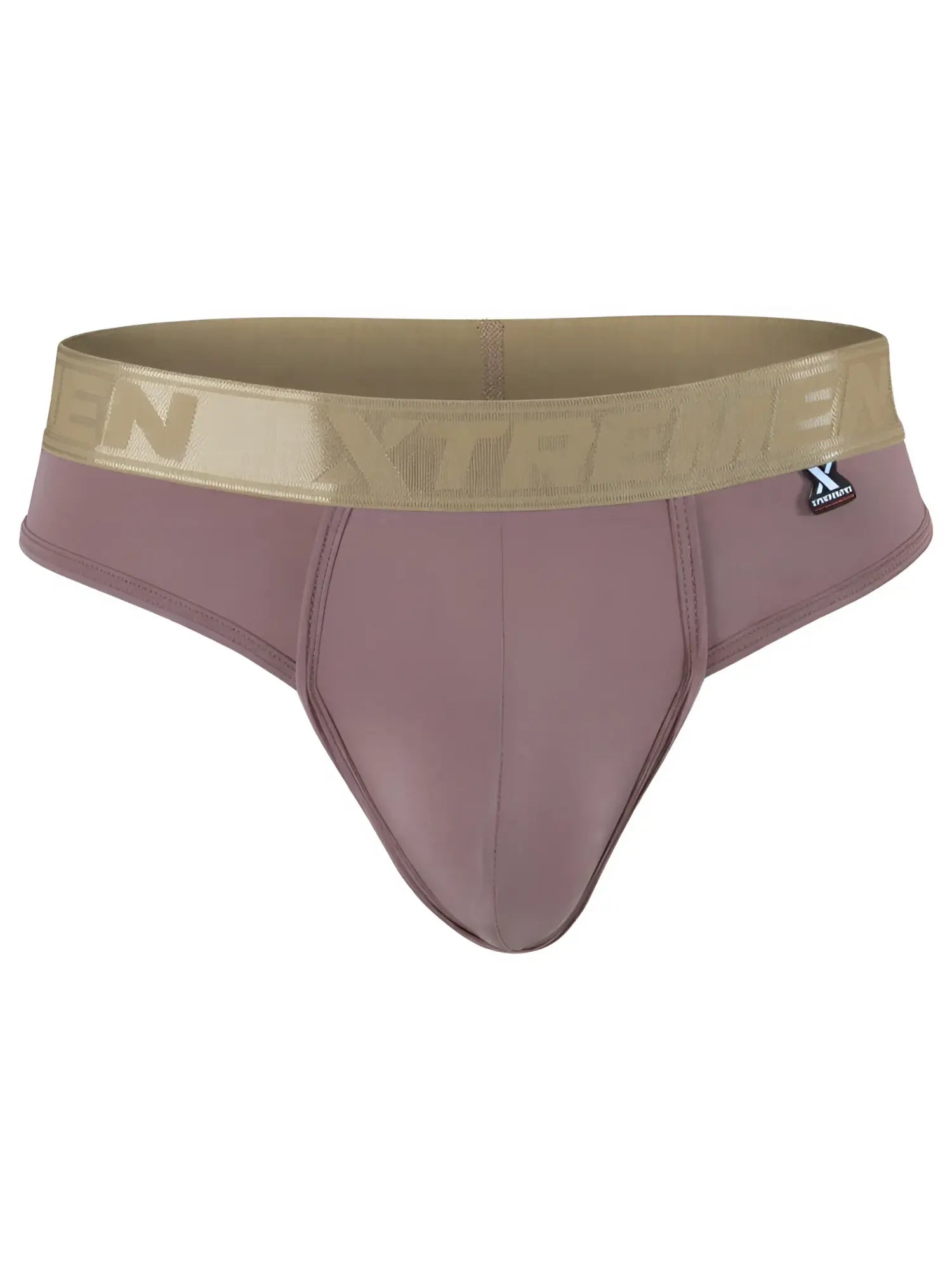 Dusty rose microfiber bikini brief with contoured pouch, branded gold waistband, and small Xtremen logo tab on hip.