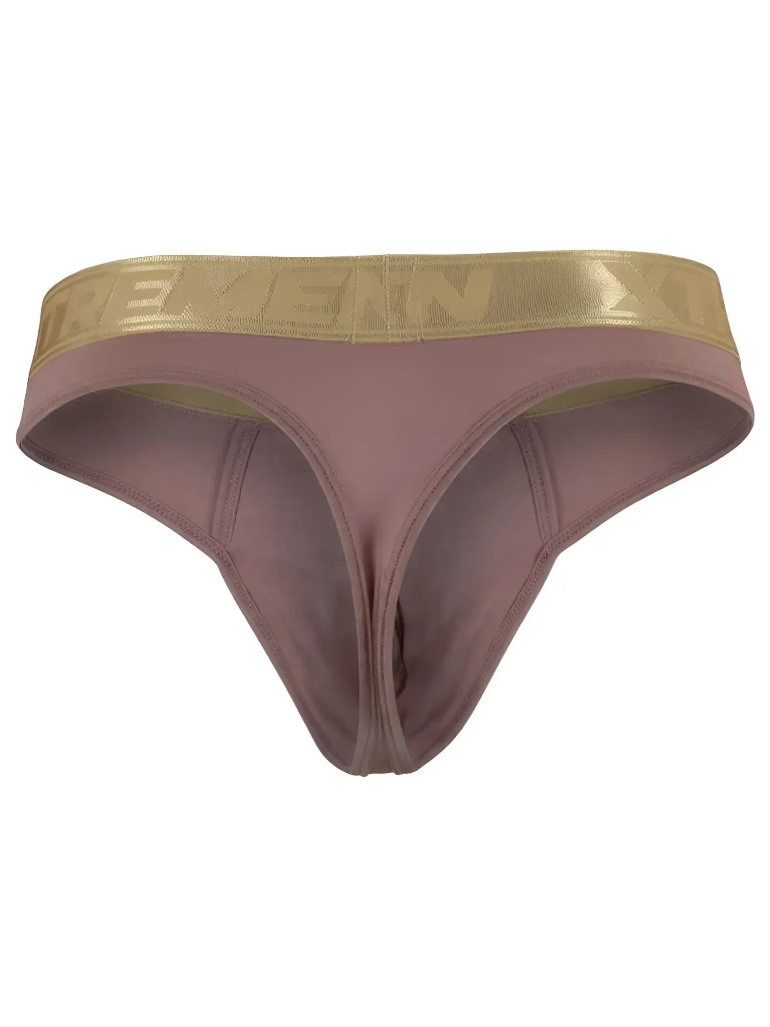 Mauve microfiber thong by Xtremen featuring a gold metallic branded waistband and matching gold interior lining.
