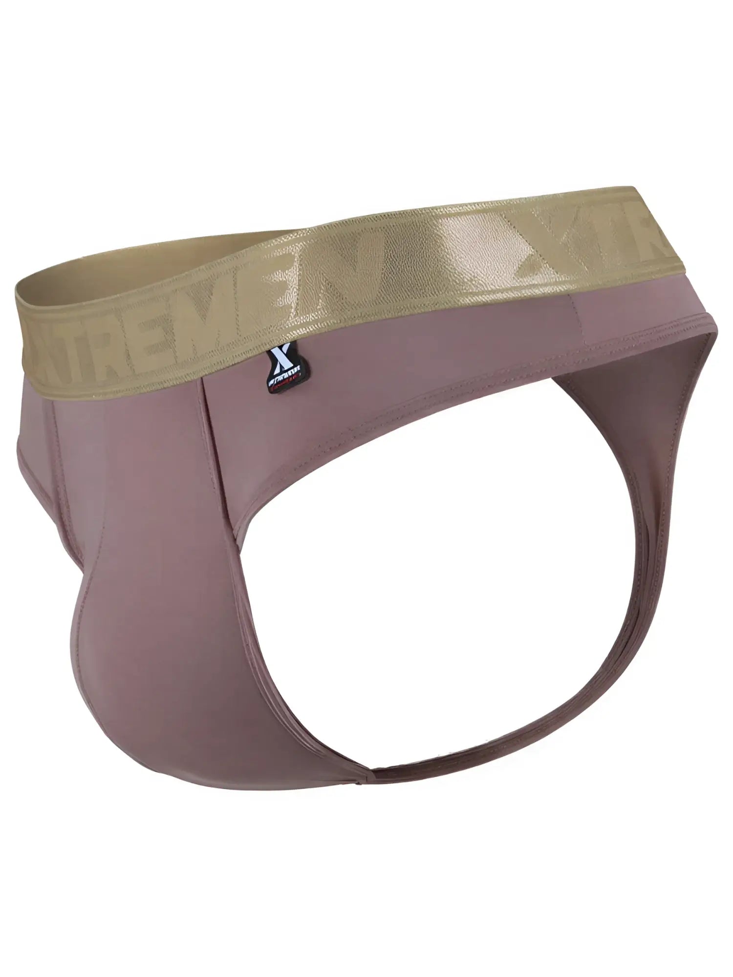 Mauve microfiber jockstrap with gold metallic branded waistband and small Xtremen logo tag.