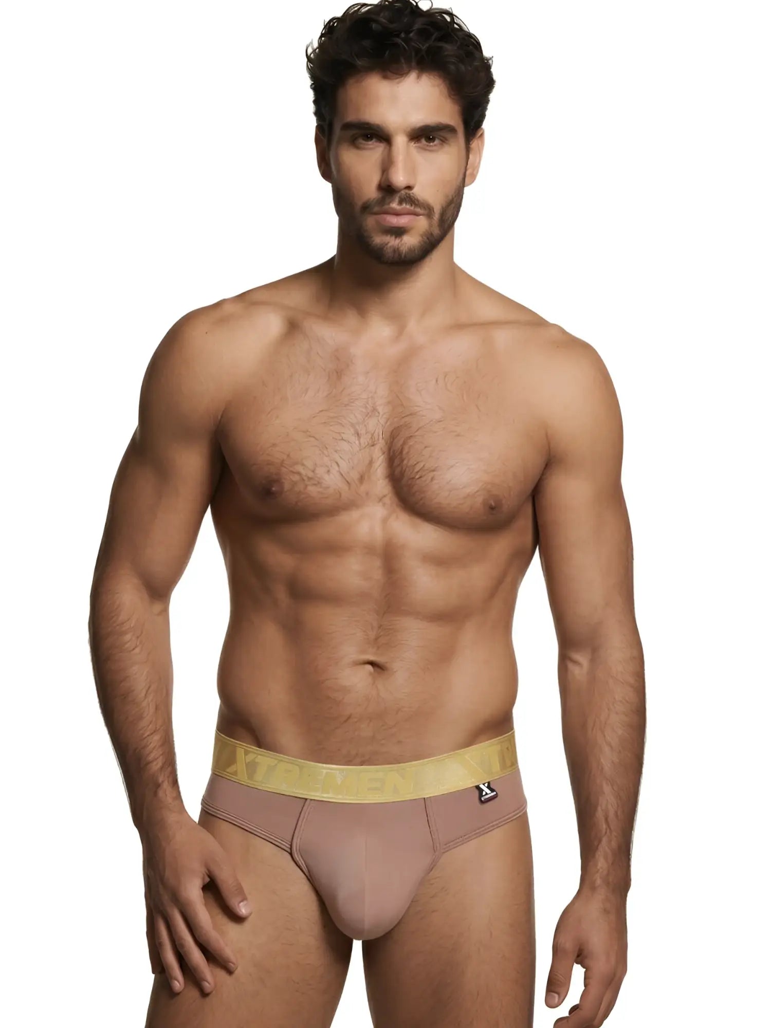 Taupe microfiber bikini brief by Xtremen with a gold logo elastic waistband and small branded tag.