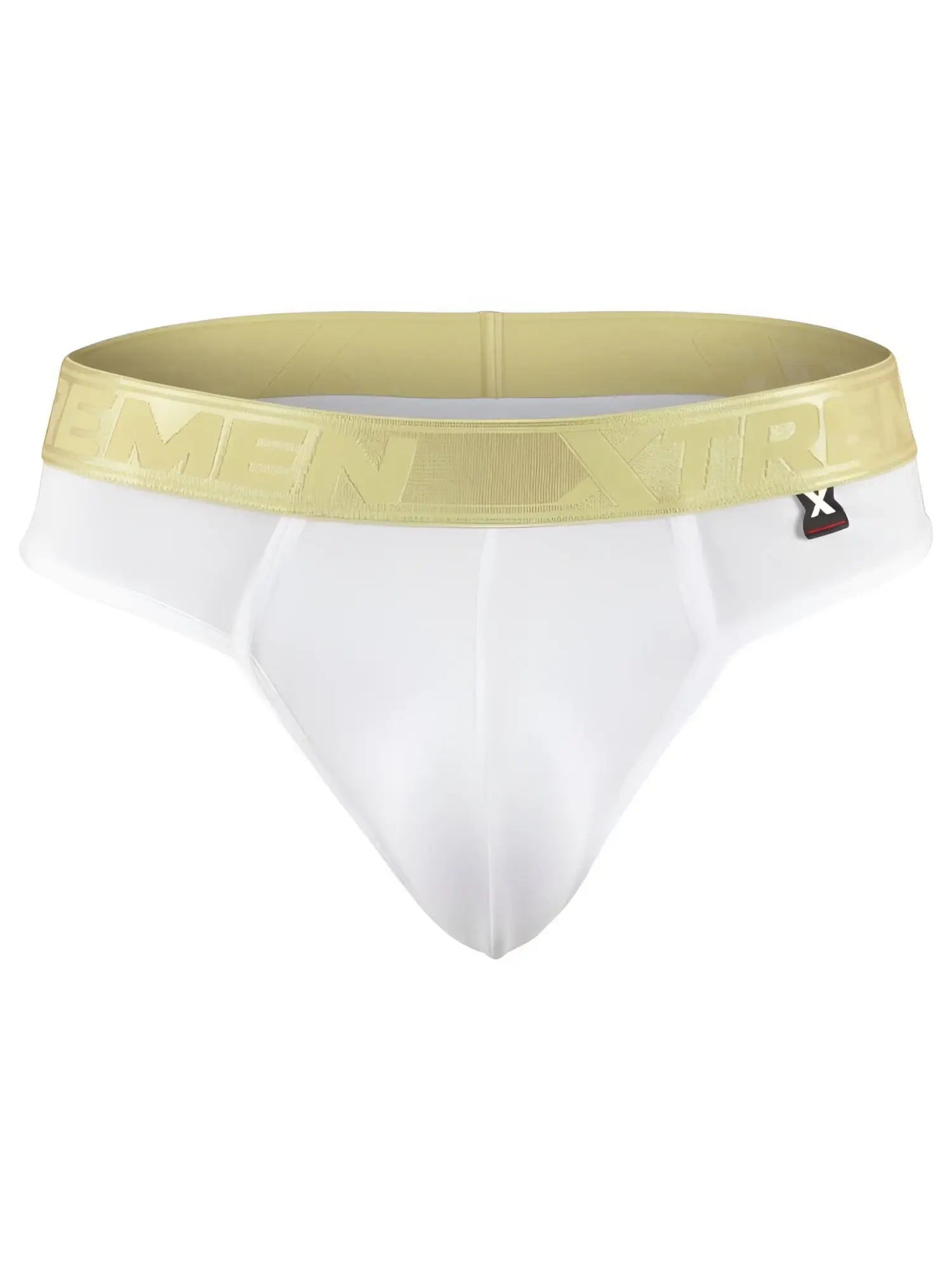 White microfiber bikini brief with a metallic gold Xtremen logo waistband and a small side tag.
