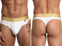 White microfiber thong featuring a gold branded elastic waistband and Xtremen logo patch on the front.