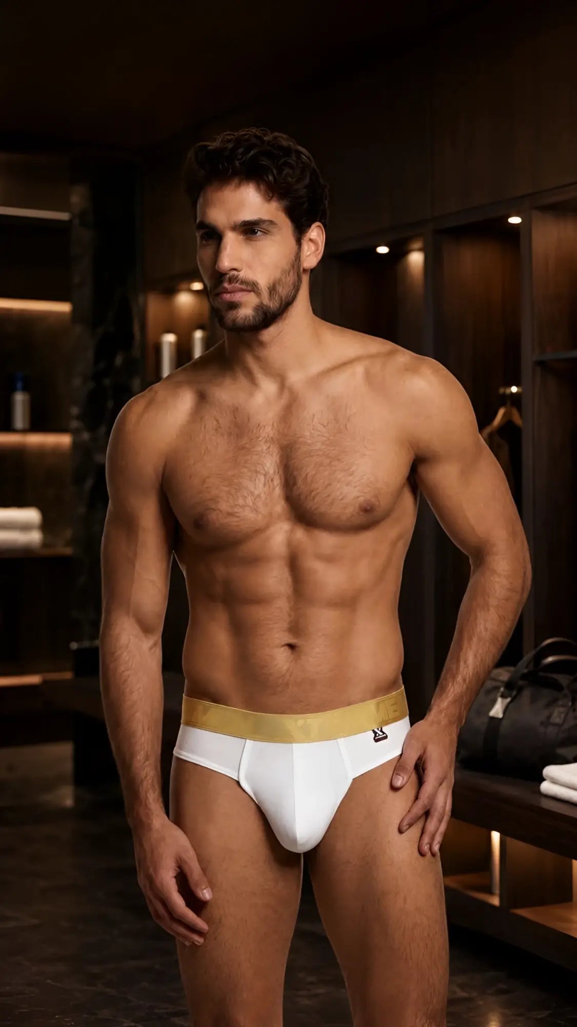 Xtremen white microfiber bikini brief with a metallic gold logo waistband and side label detail.
