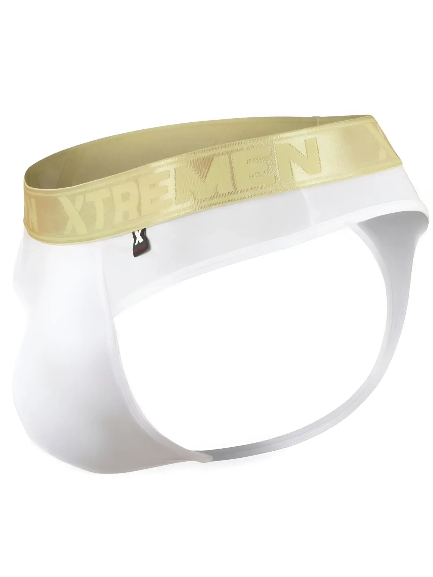 White microfiber jockstrap with gold Xtremen logo waistband and small X logo tag.